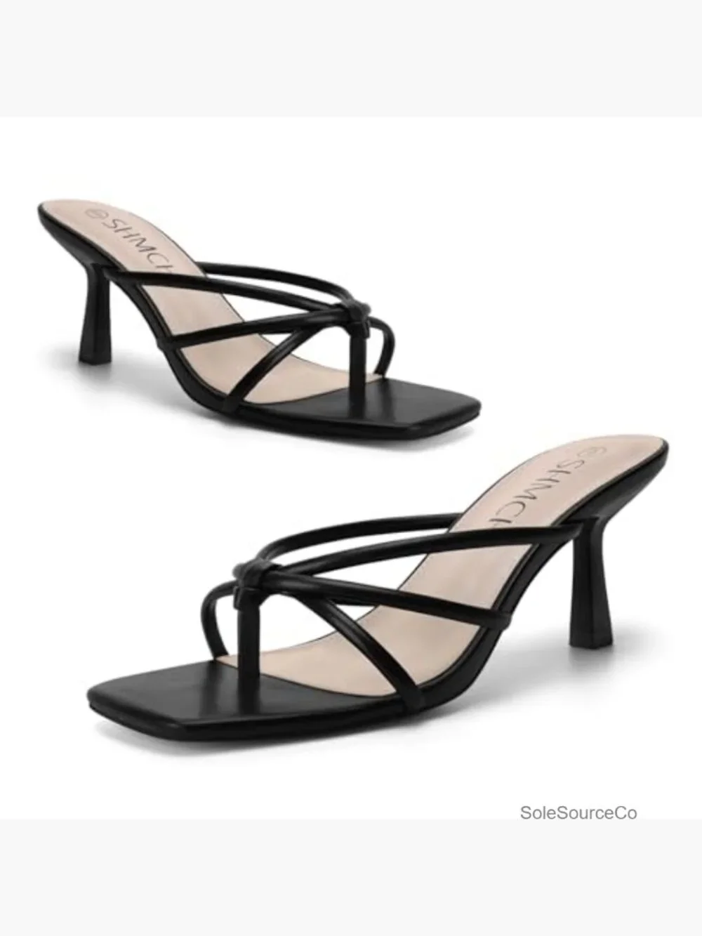 Square Toe Strappy Thong Kitten Heel Sandals